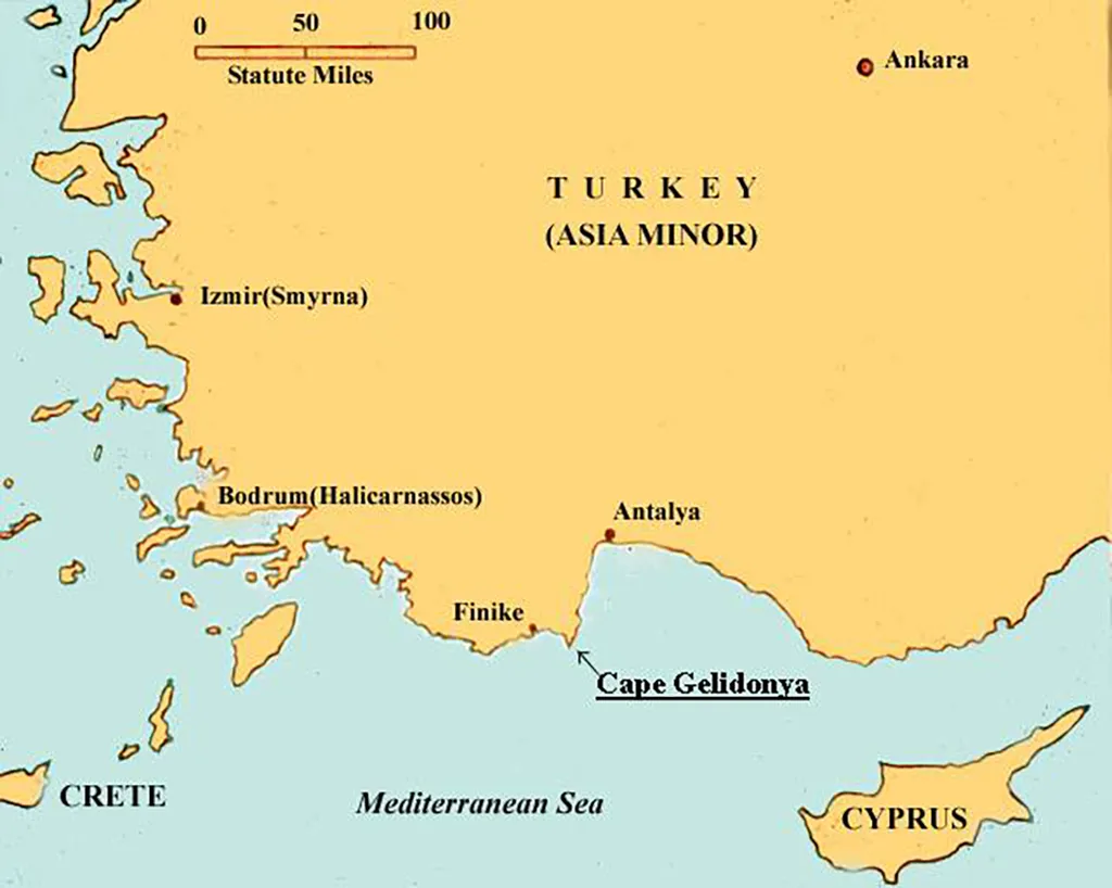 The Cape Gelidonya shipwreck c 1200 BC - Location of Cape Gelidonya shipwreck
